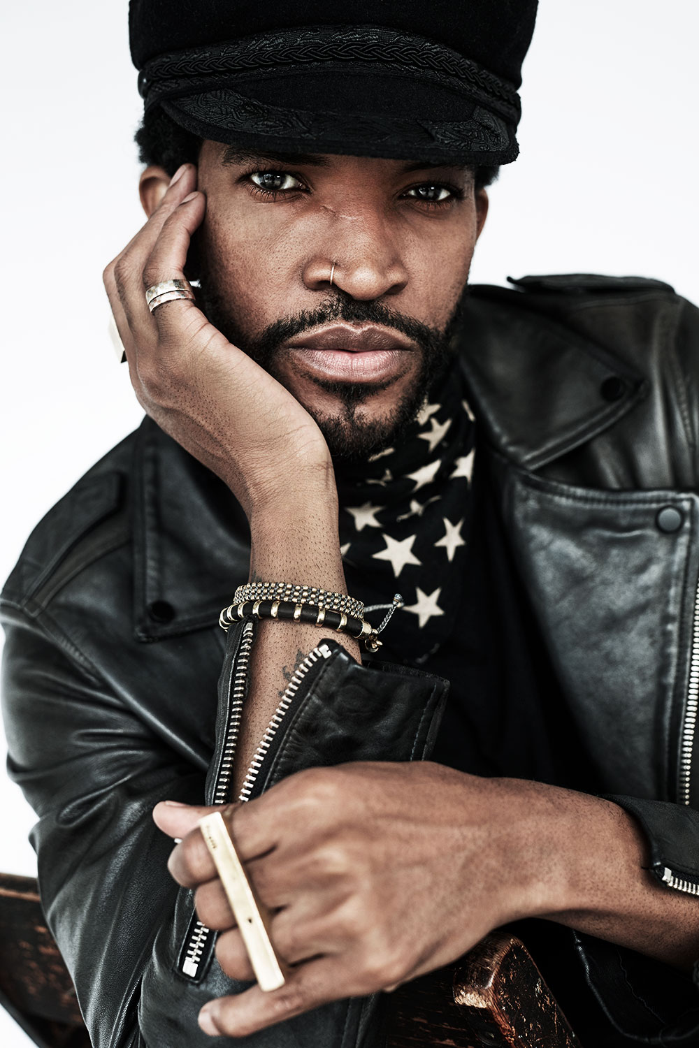 Close-up portrait in a cap and leather jacket